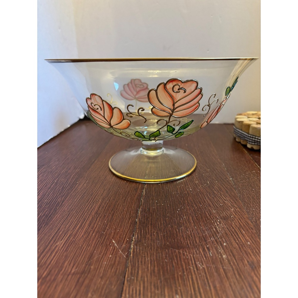 Crystal Clear Romania Handpainted Floral Crystal‎ Pedestal Bowl Gold Trim 9in